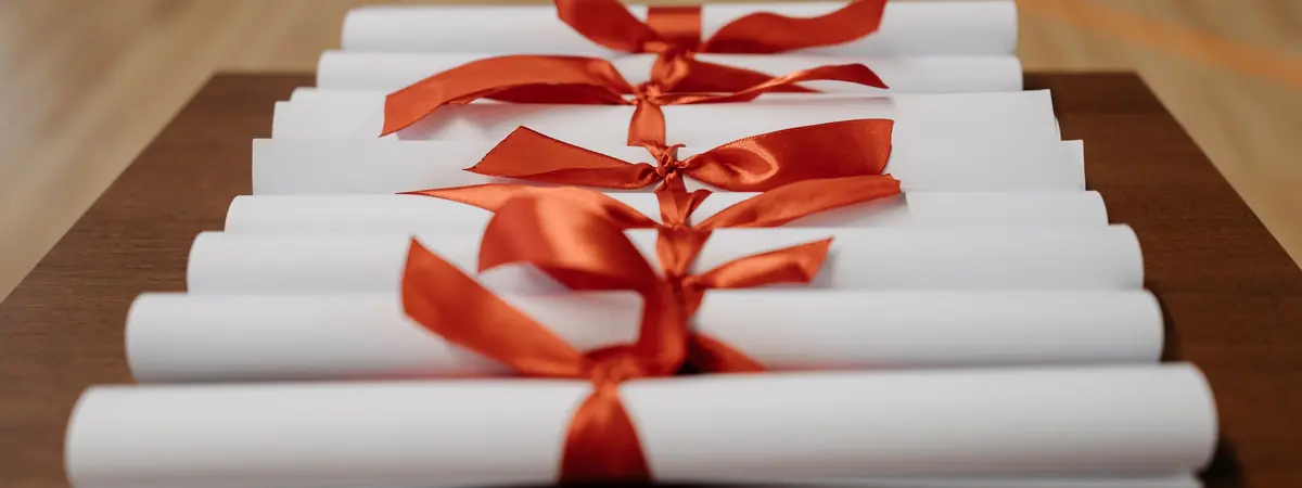 Rolled paper diplomas tied with red satin ribbons, lined up in a row on a wooden table